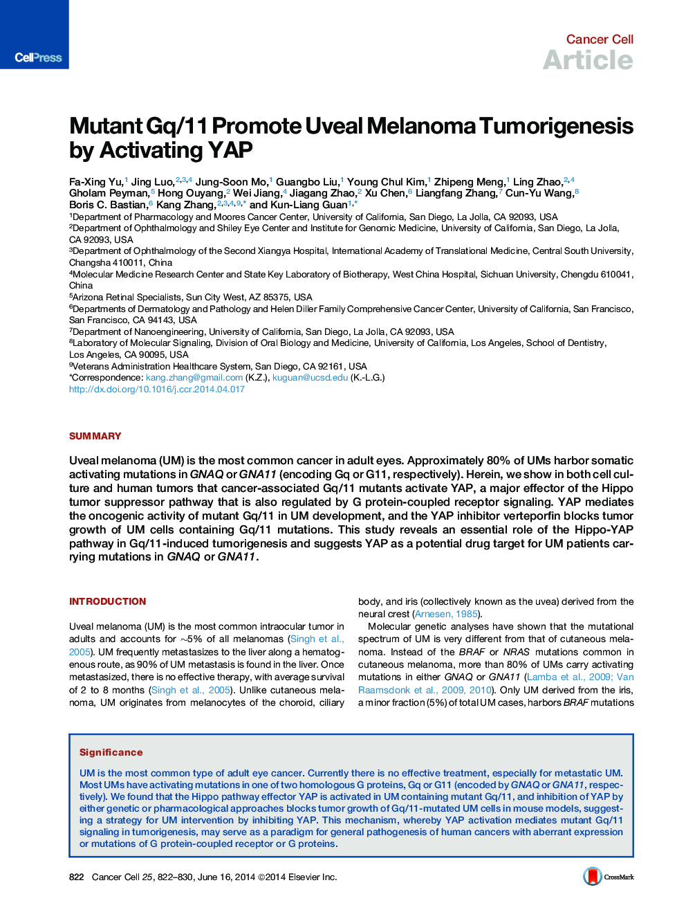 Mutant Gq/11 Promote Uveal Melanoma Tumorigenesis by Activating YAP