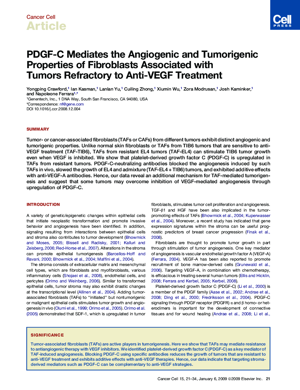 PDGF-C Mediates the Angiogenic and Tumorigenic Properties of Fibroblasts Associated with Tumors Refractory to Anti-VEGF Treatment