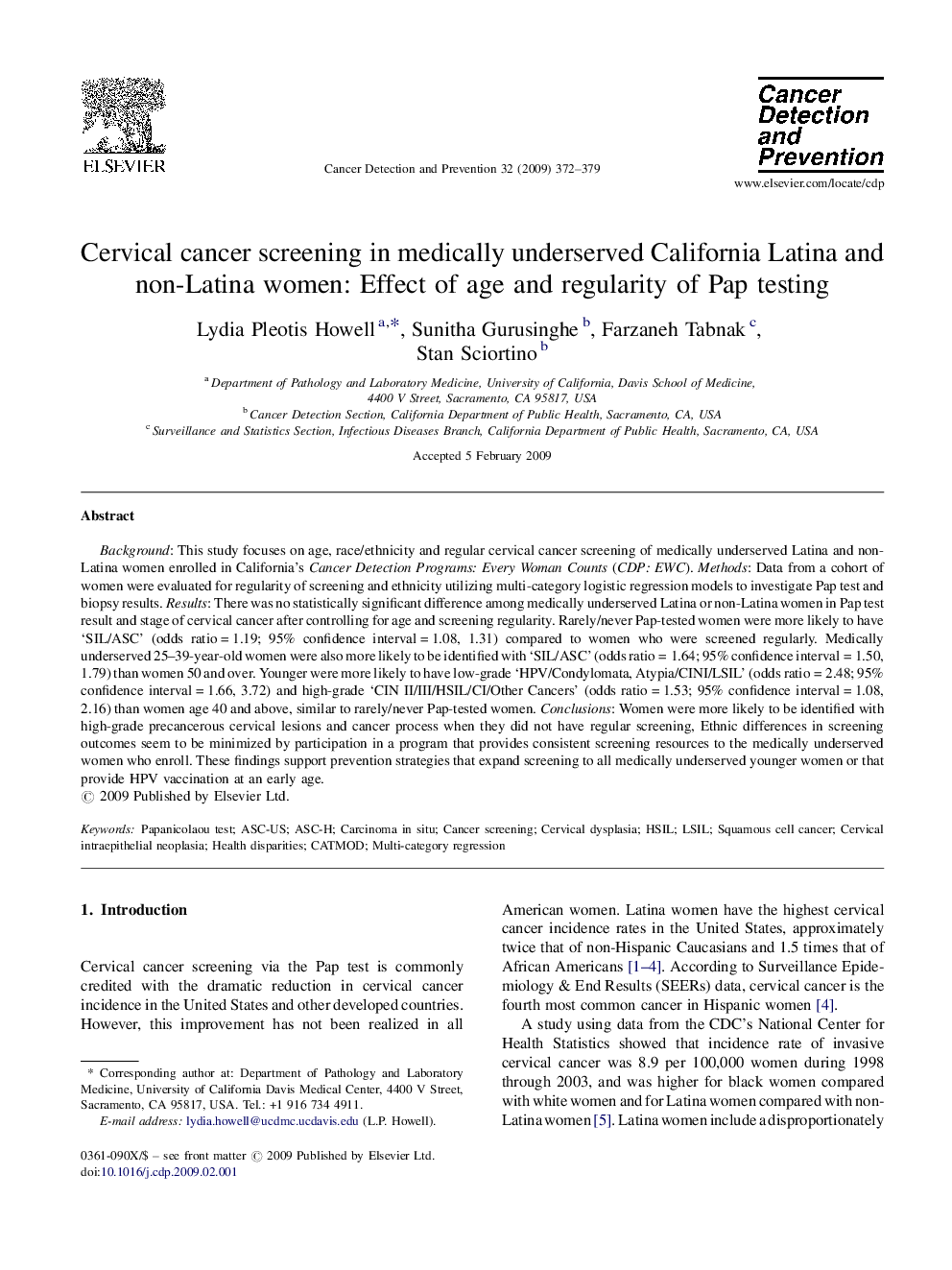 Cervical cancer screening in medically underserved California Latina and non-Latina women: Effect of age and regularity of Pap testing