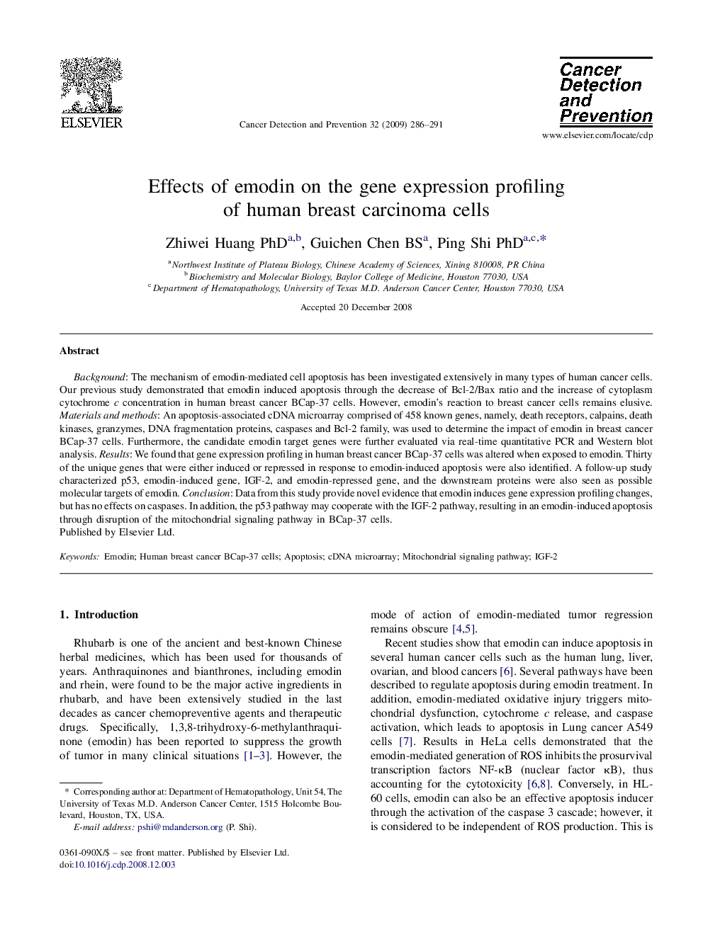 Effects of emodin on the gene expression profiling of human breast carcinoma cells