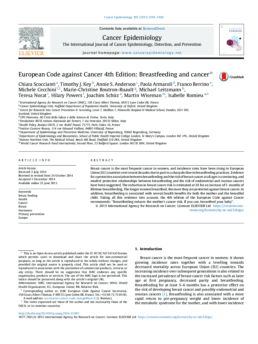 European Code against Cancer 4th Edition: Breastfeeding and cancer 