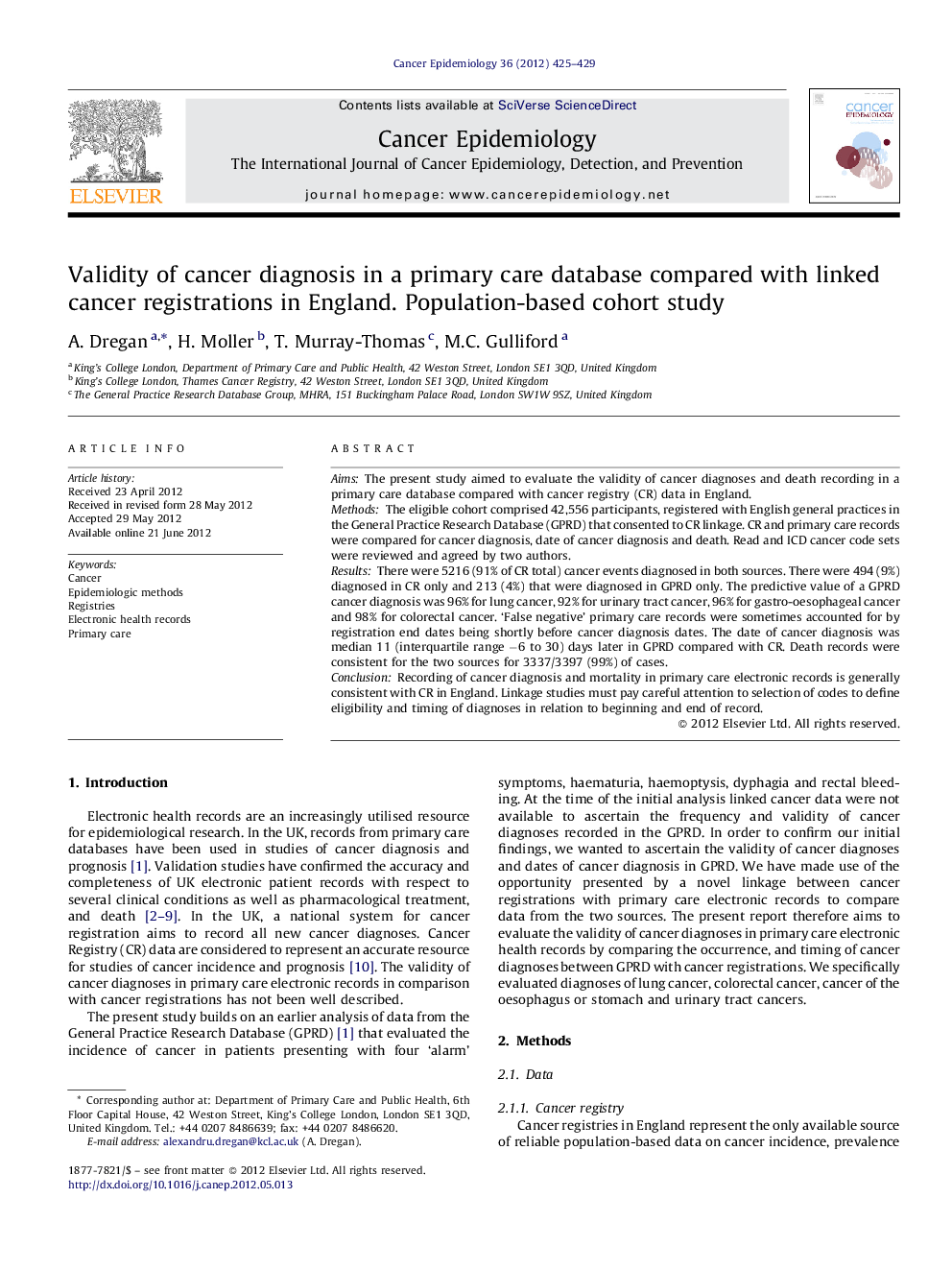 Validity of cancer diagnosis in a primary care database compared with linked cancer registrations in England. Population-based cohort study