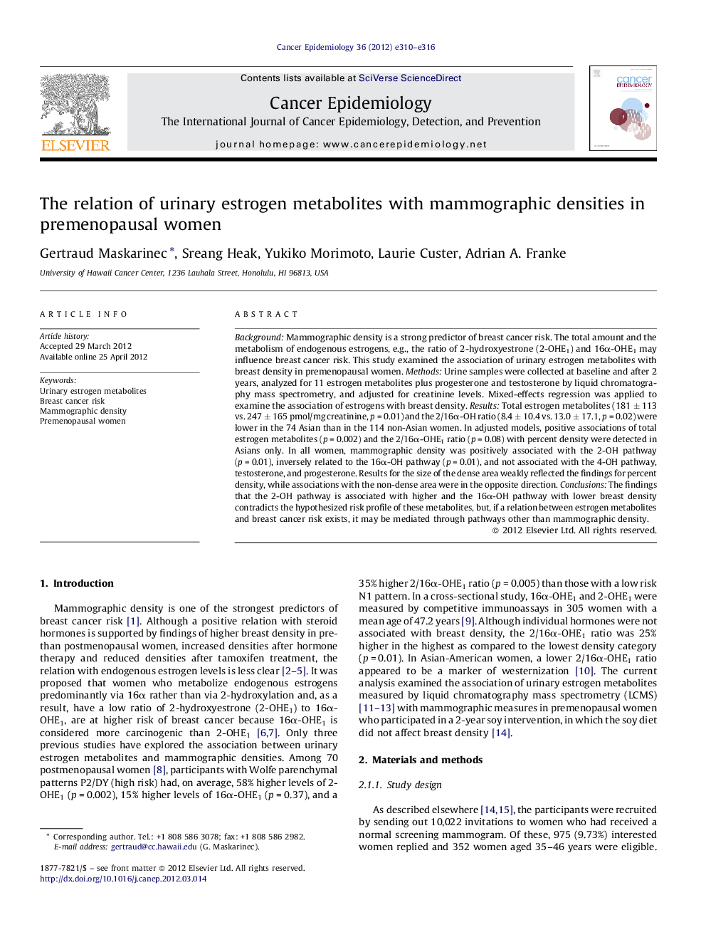 The relation of urinary estrogen metabolites with mammographic densities in premenopausal women