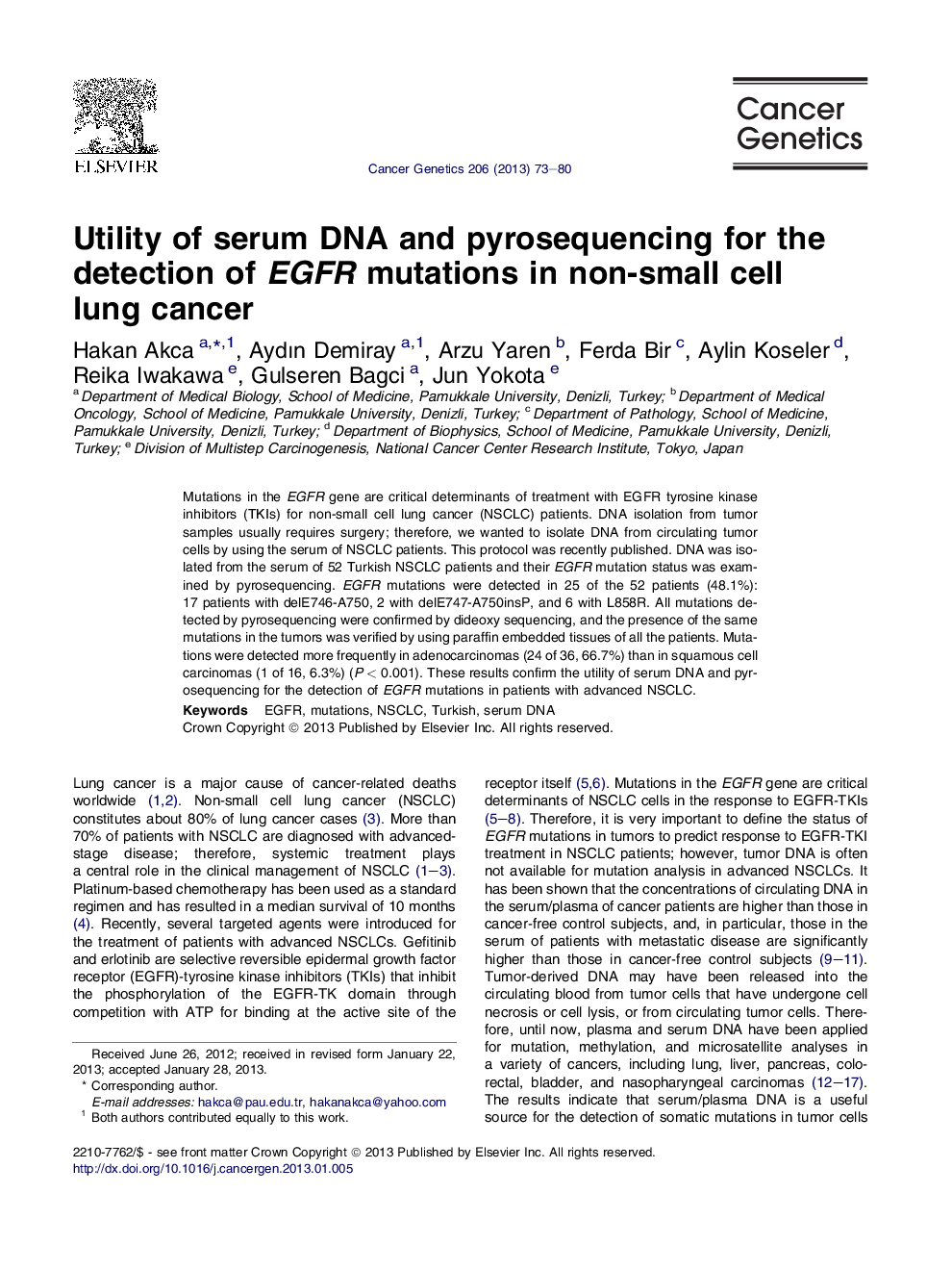 Utility of serum DNA and pyrosequencing for the detection of EGFR mutations in non-small cell lung cancer