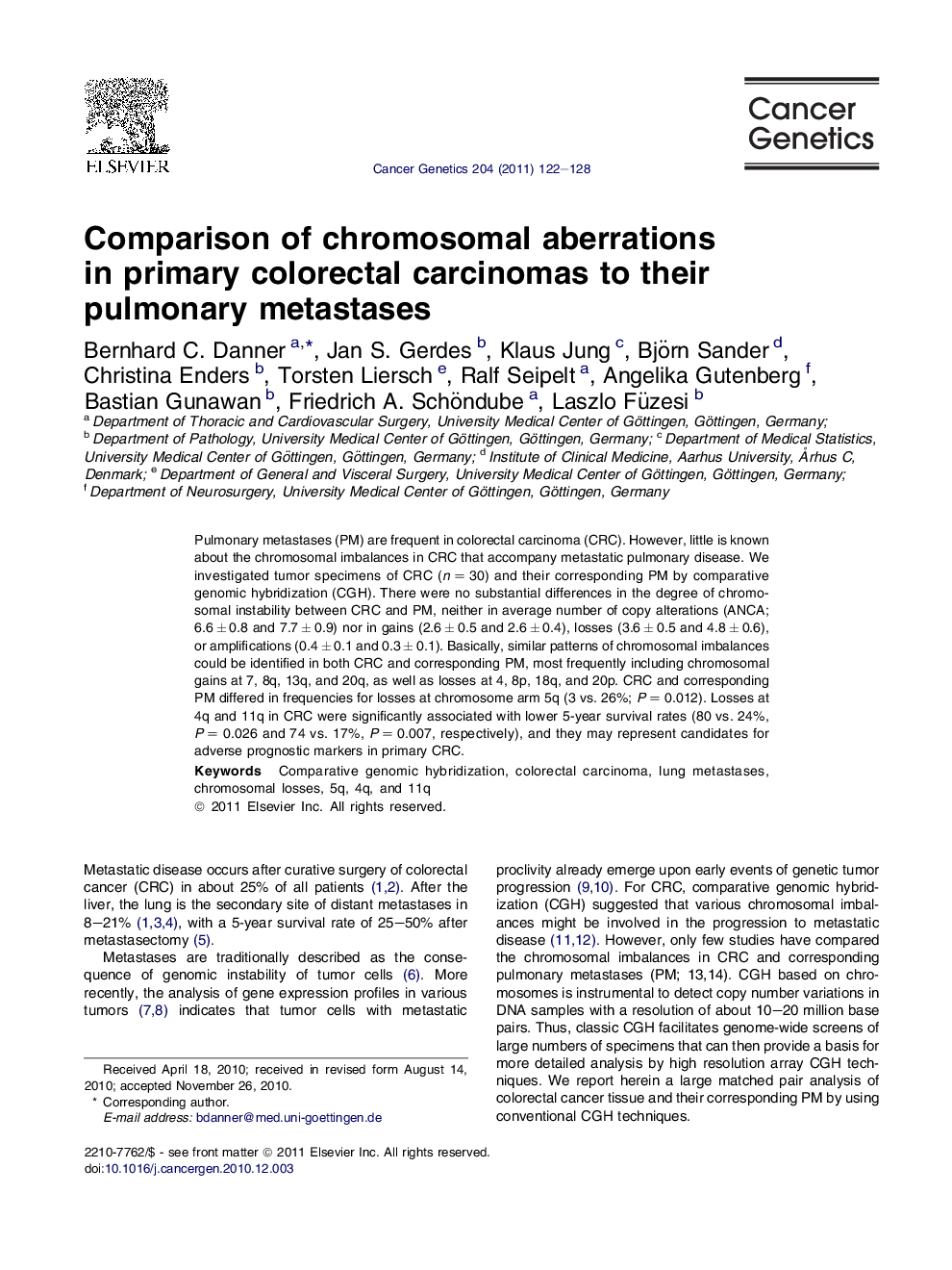 Comparison of chromosomal aberrations in primary colorectal carcinomas to their pulmonary metastases