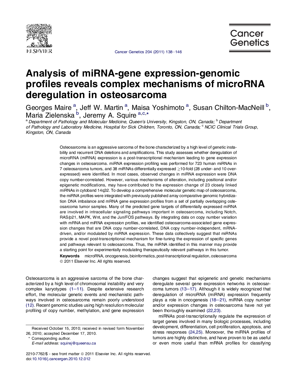 Analysis of miRNA-gene expression-genomic profiles reveals complex mechanisms of microRNA deregulation in osteosarcoma