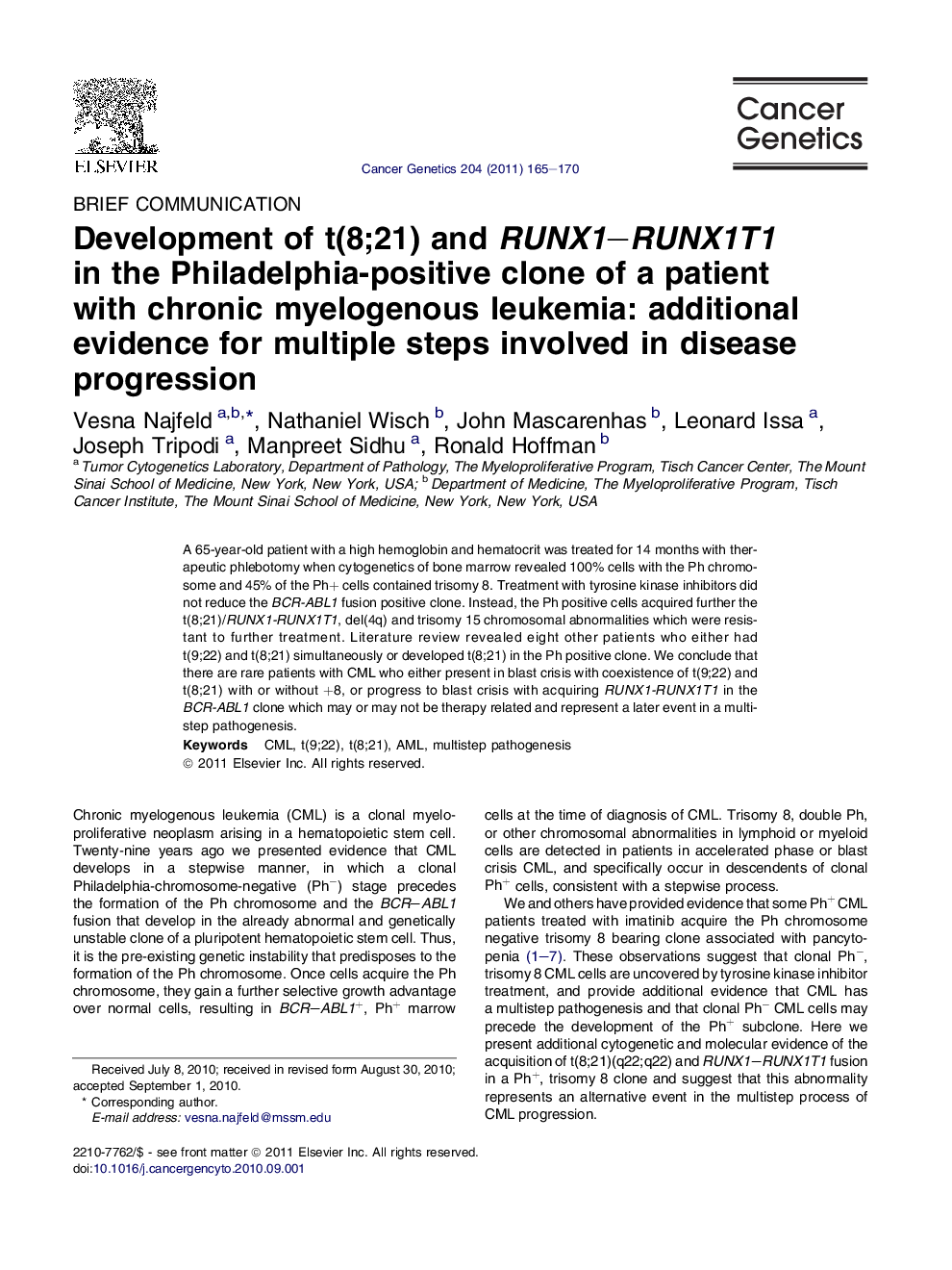 Development of t(8;21) and RUNX1–RUNX1T1 in the Philadelphia-positive clone of a patient with chronic myelogenous leukemia: additional evidence for multiple steps involved in disease progression