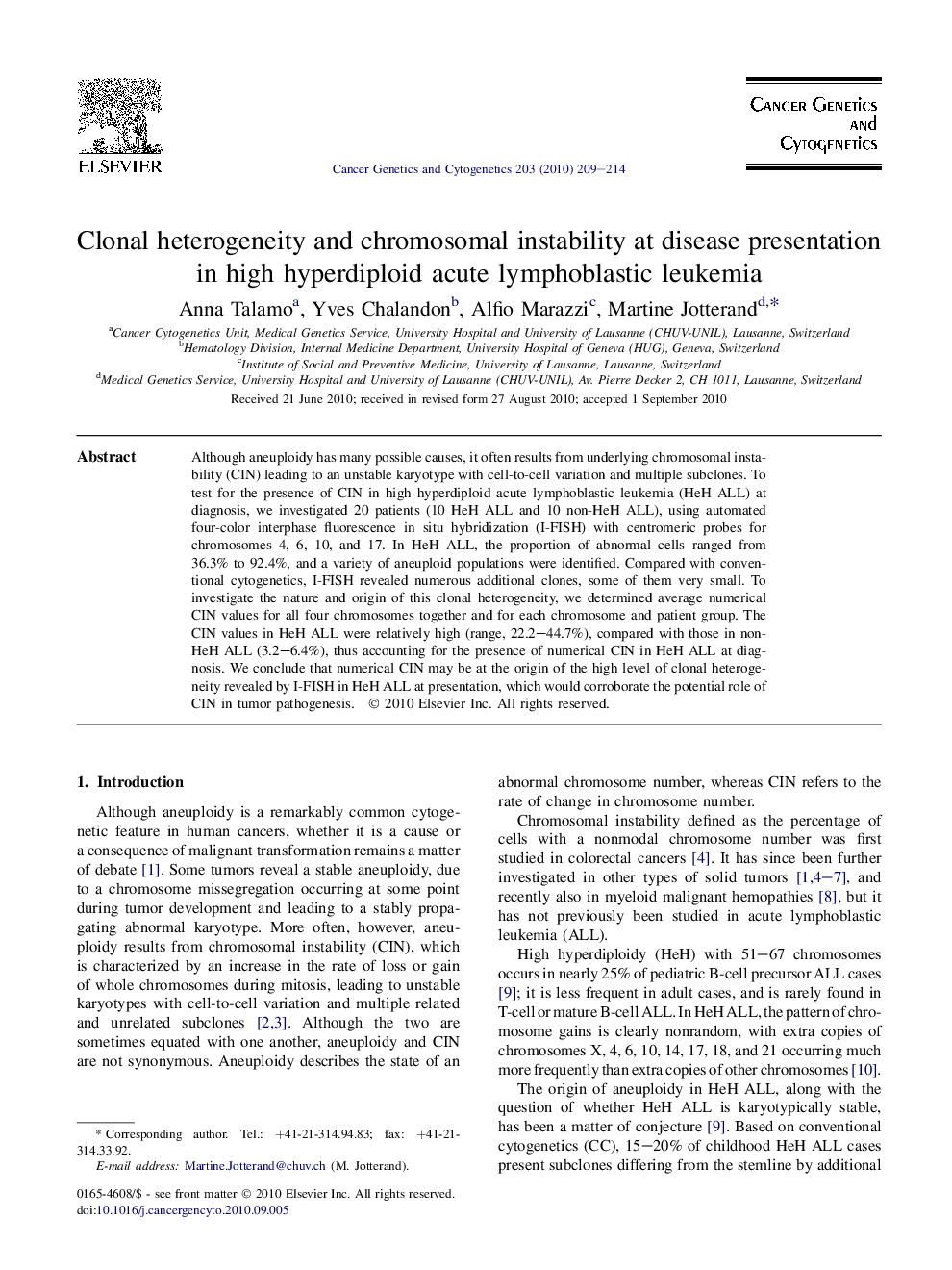 Clonal heterogeneity and chromosomal instability at disease presentation in high hyperdiploid acute lymphoblastic leukemia