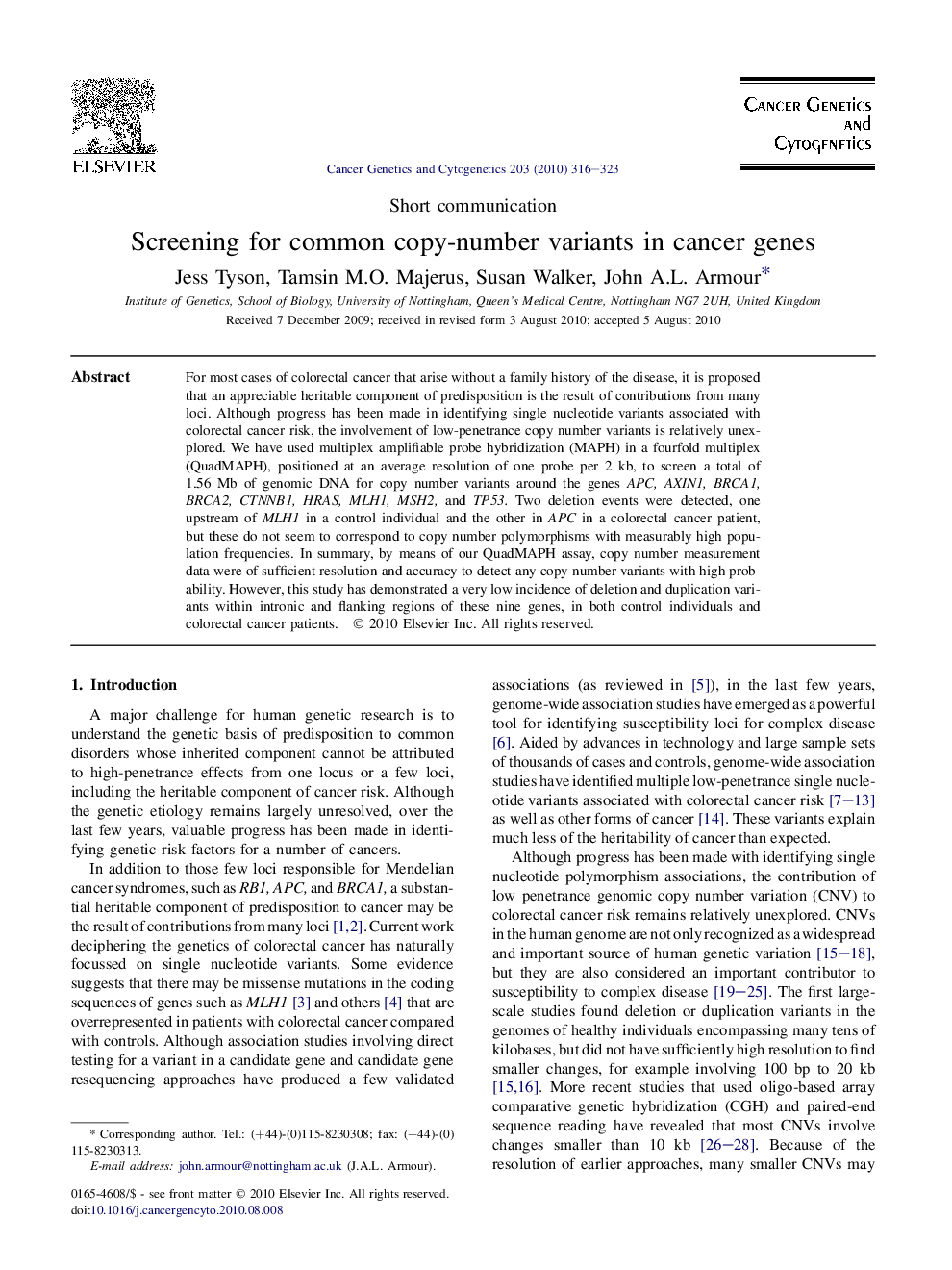 Screening for common copy-number variants in cancer genes