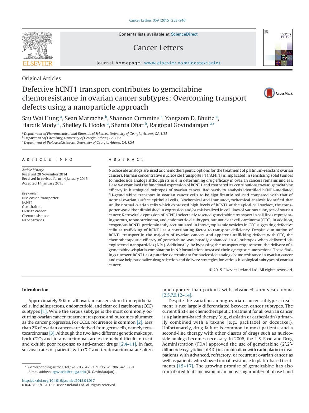 Defective hCNT1 transport contributes to gemcitabine chemoresistance in ovarian cancer subtypes: Overcoming transport defects using a nanoparticle approach