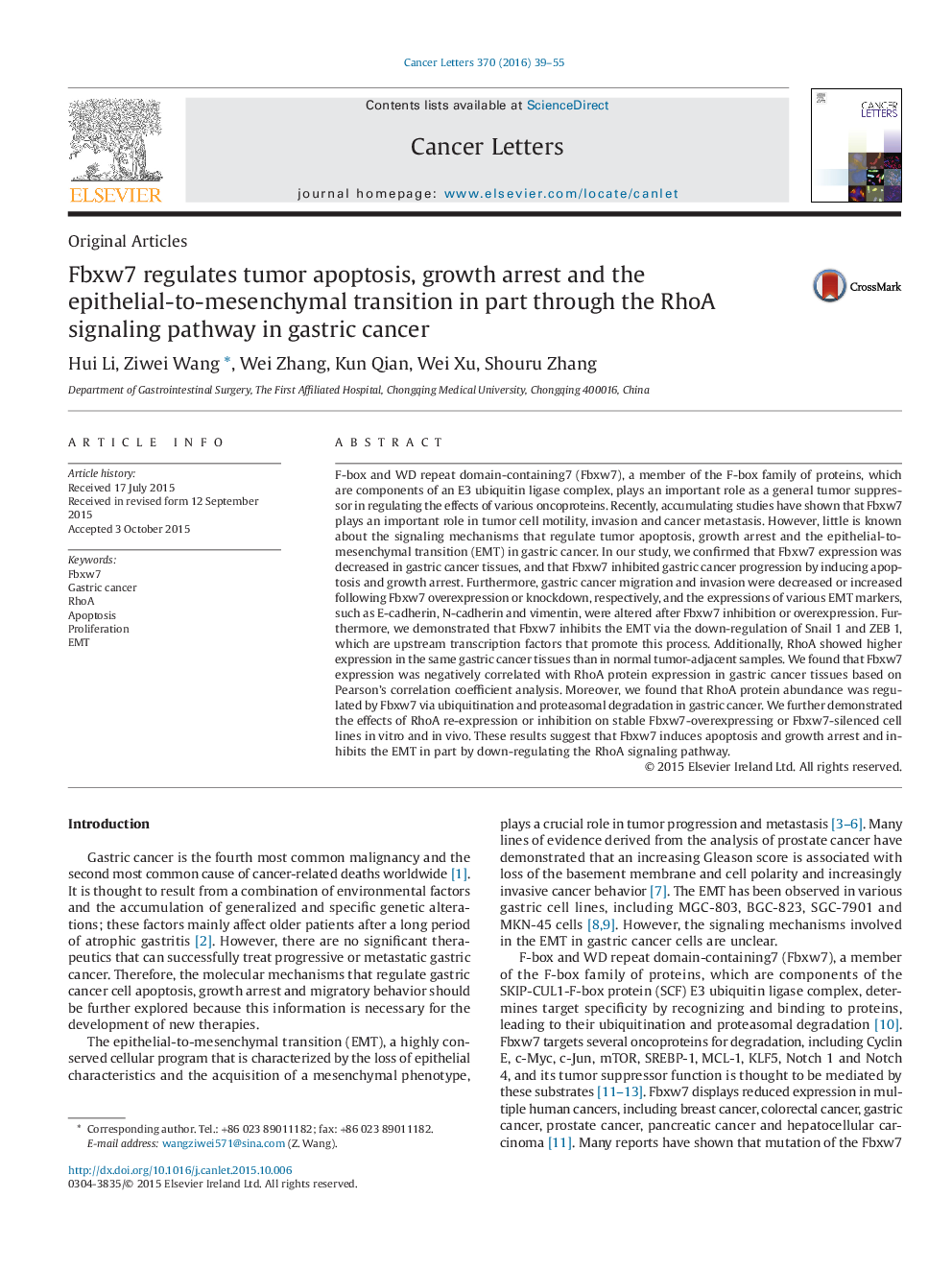 Fbxw7 regulates tumor apoptosis, growth arrest and the epithelial-to-mesenchymal transition in part through the RhoA signaling pathway in gastric cancer