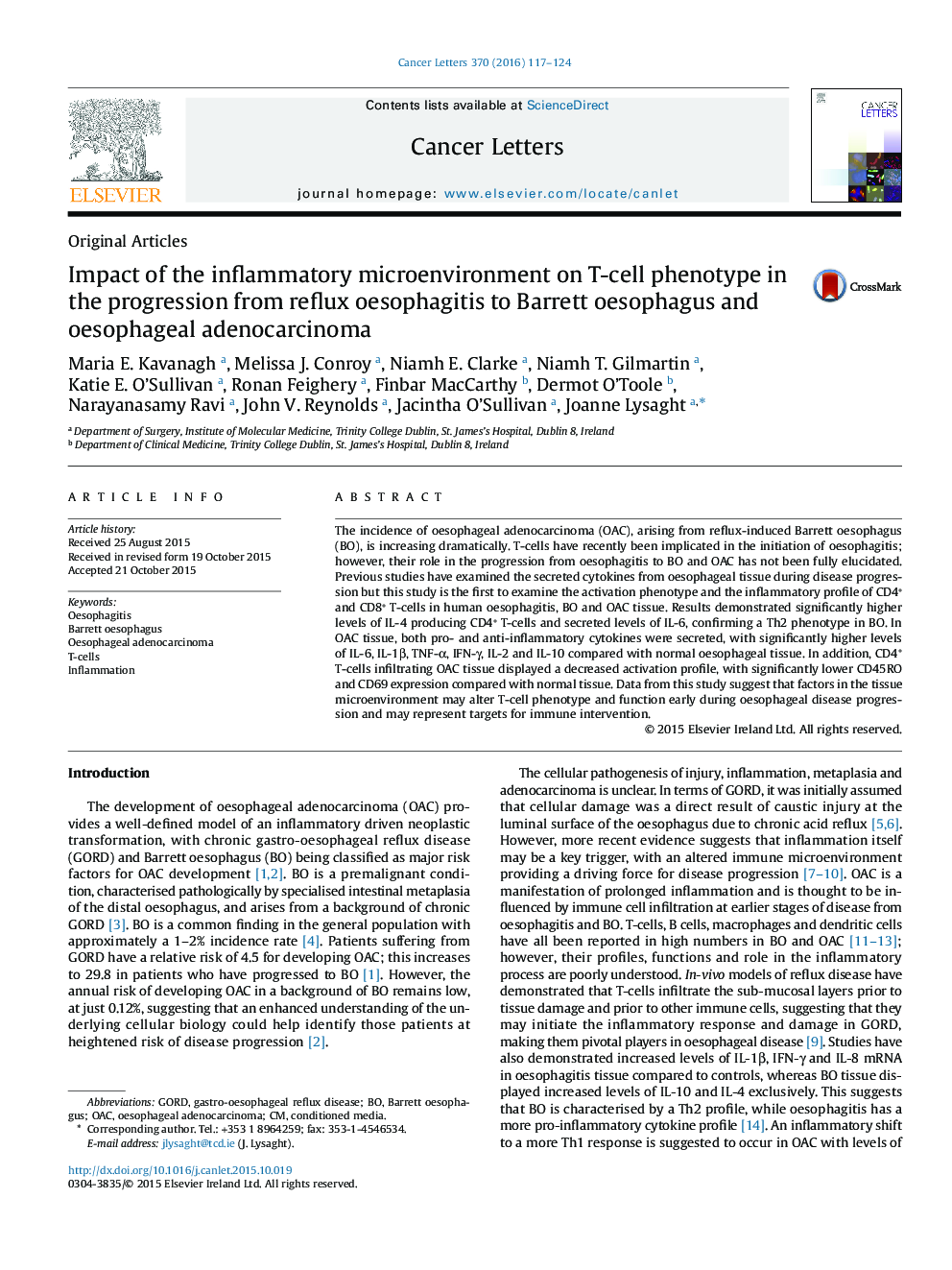 Impact of the inflammatory microenvironment on T-cell phenotype in the progression from reflux oesophagitis to Barrett oesophagus and oesophageal adenocarcinoma