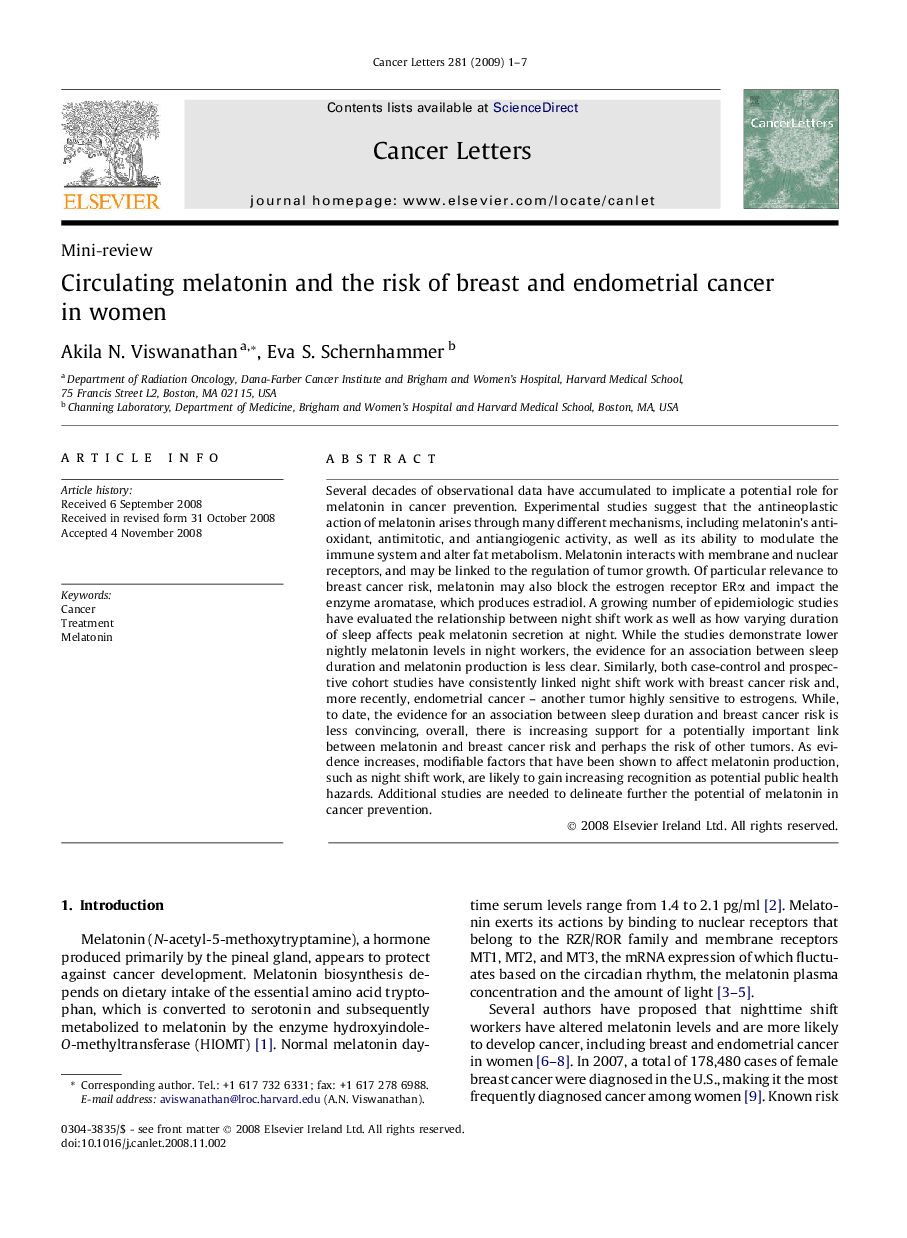 Circulating melatonin and the risk of breast and endometrial cancer in women