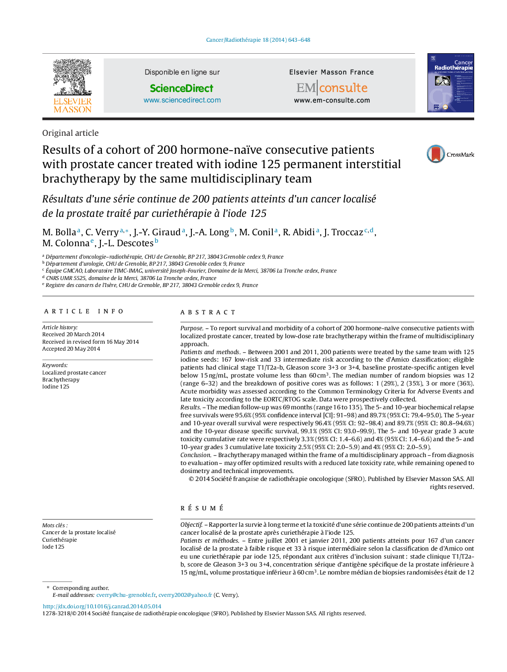 Results of a cohort of 200 hormone-naïve consecutive patients with prostate cancer treated with iodine 125 permanent interstitial brachytherapy by the same multidisciplinary team