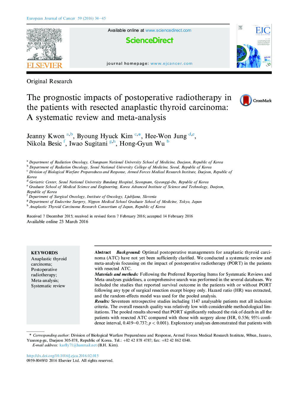 The prognostic impacts of postoperative radiotherapy in the patients with resected anaplastic thyroid carcinoma: A systematic review and meta-analysis