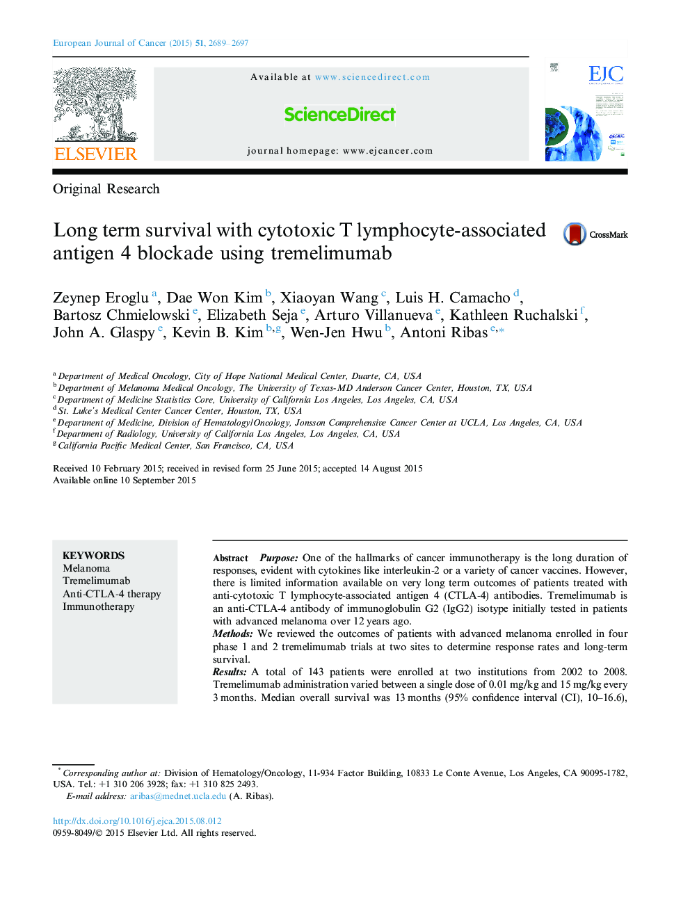 بقای طولانی مدت با آنتی ژن 4 وابسته به لنفوسیت سیتوتوکسی با استفاده از ترلیومیماب 