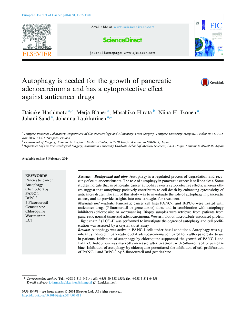 Autophagy is needed for the growth of pancreatic adenocarcinoma and has a cytoprotective effect against anticancer drugs