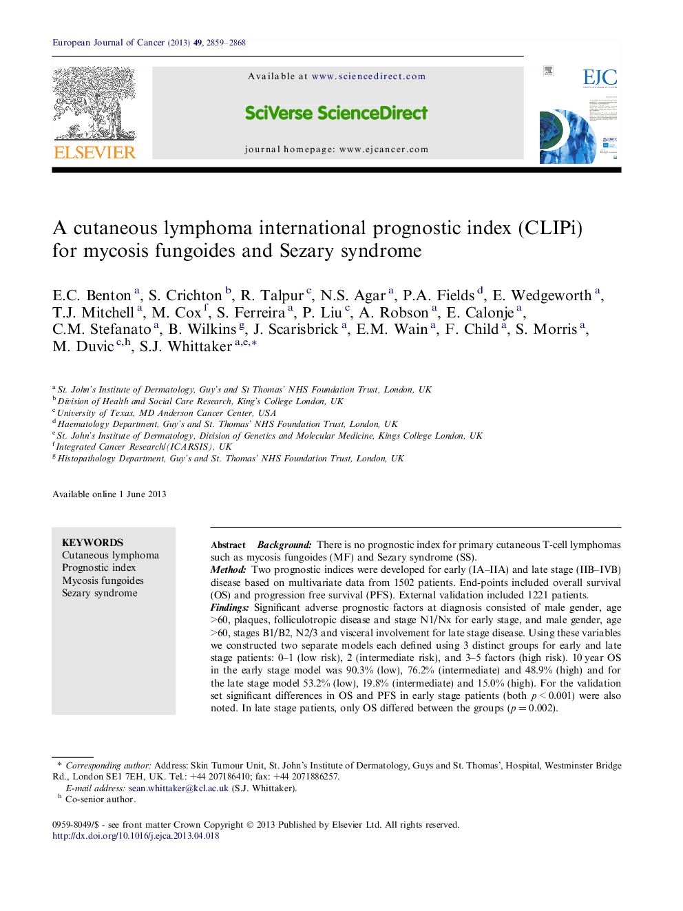 A cutaneous lymphoma international prognostic index (CLIPi) for mycosis fungoides and Sezary syndrome