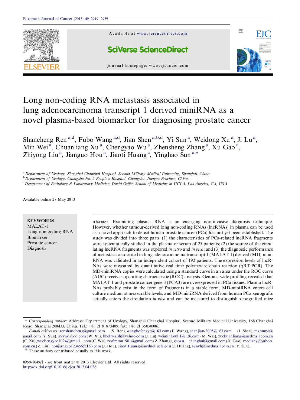 Long non-coding RNA metastasis associated in lung adenocarcinoma transcript 1 derived miniRNA as a novel plasma-based biomarker for diagnosing prostate cancer