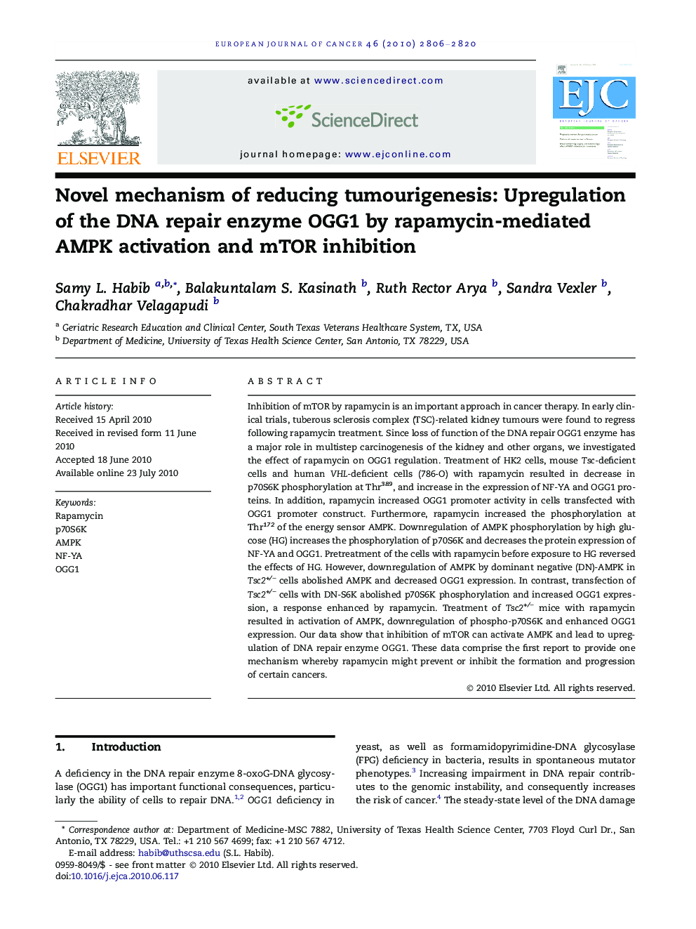 Novel mechanism of reducing tumourigenesis: Upregulation of the DNA repair enzyme OGG1 by rapamycin-mediated AMPK activation and mTOR inhibition