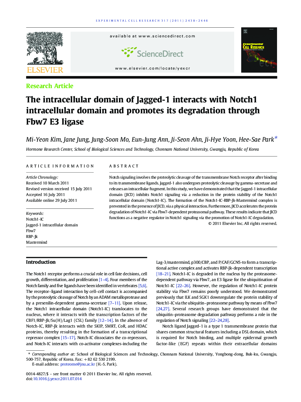 The intracellular domain of Jagged-1 interacts with Notch1 intracellular domain and promotes its degradation through Fbw7 E3 ligase