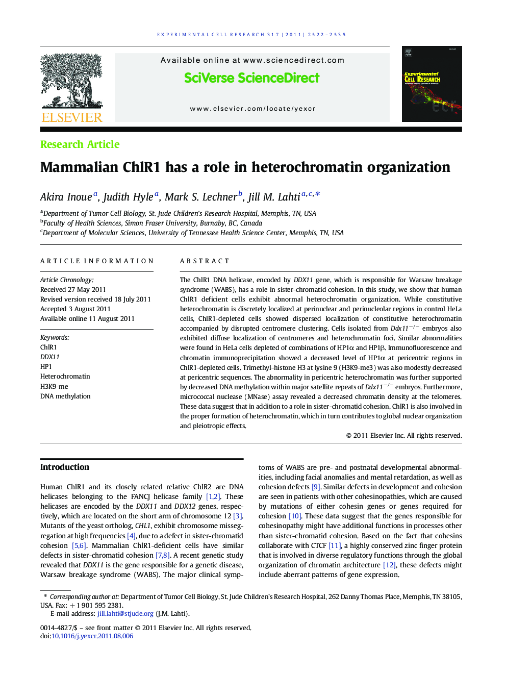 Mammalian ChlR1 has a role in heterochromatin organization