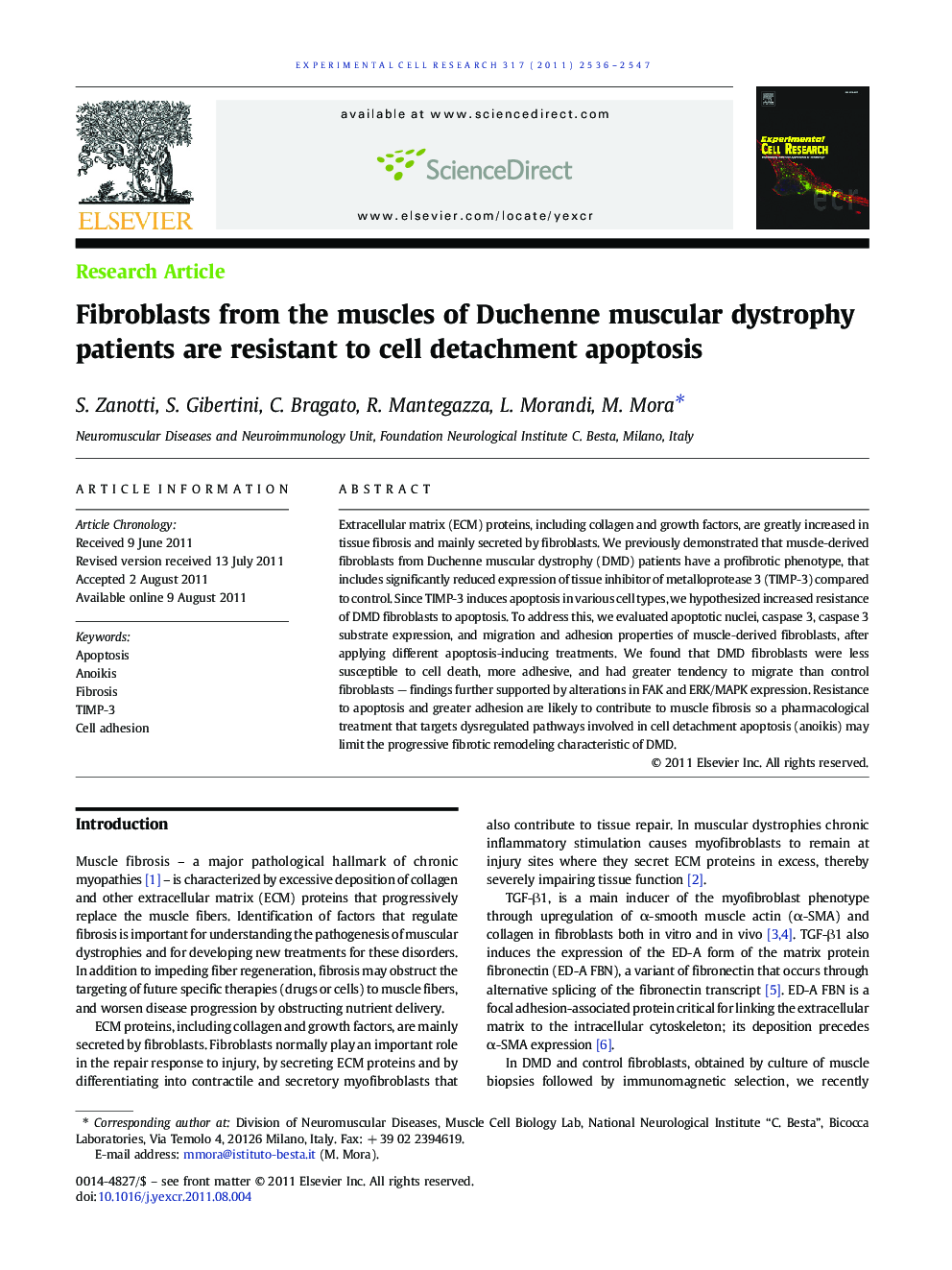 Fibroblasts from the muscles of Duchenne muscular dystrophy patients are resistant to cell detachment apoptosis