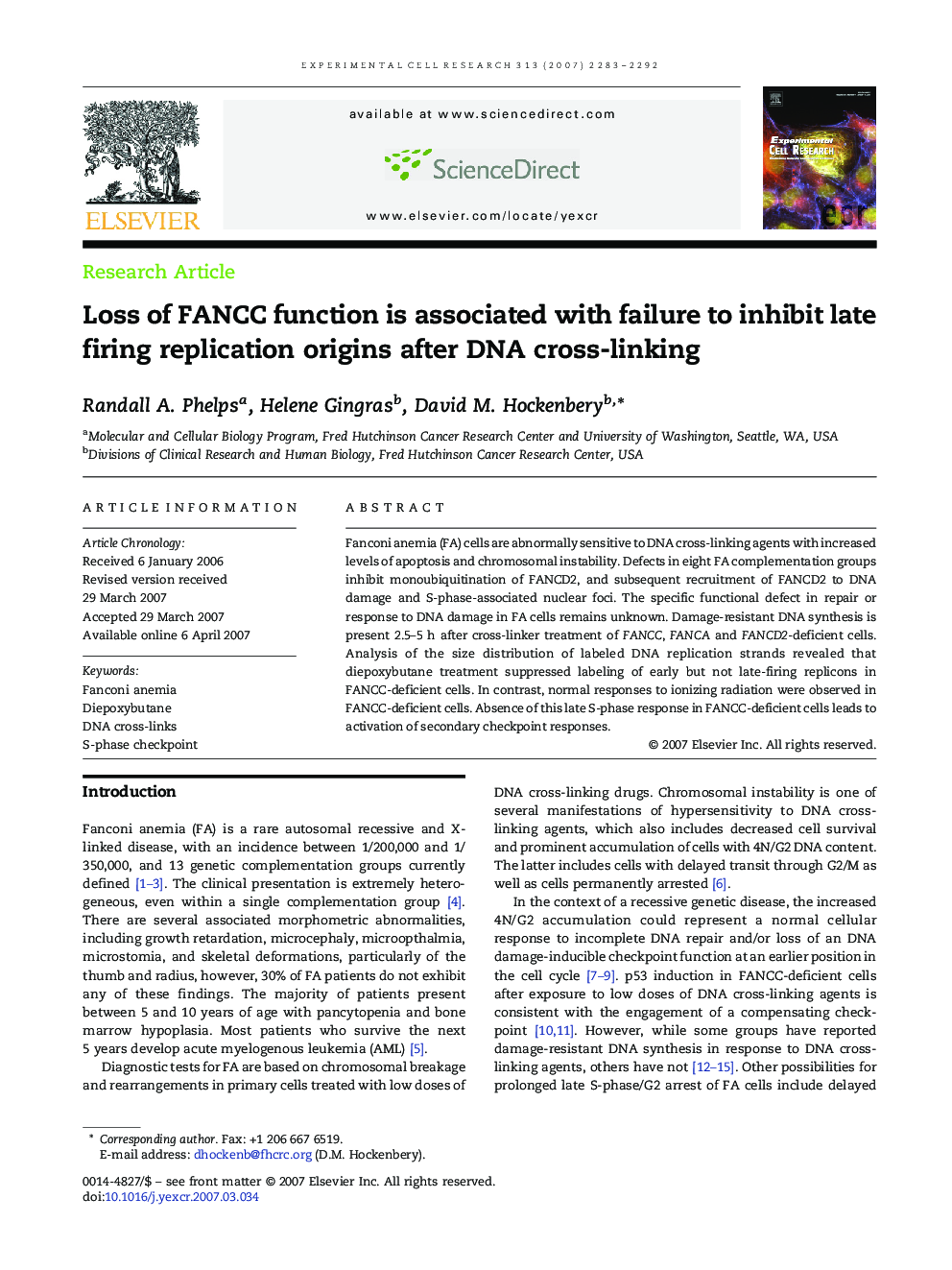 Loss of FANCC function is associated with failure to inhibit late firing replication origins after DNA cross-linking