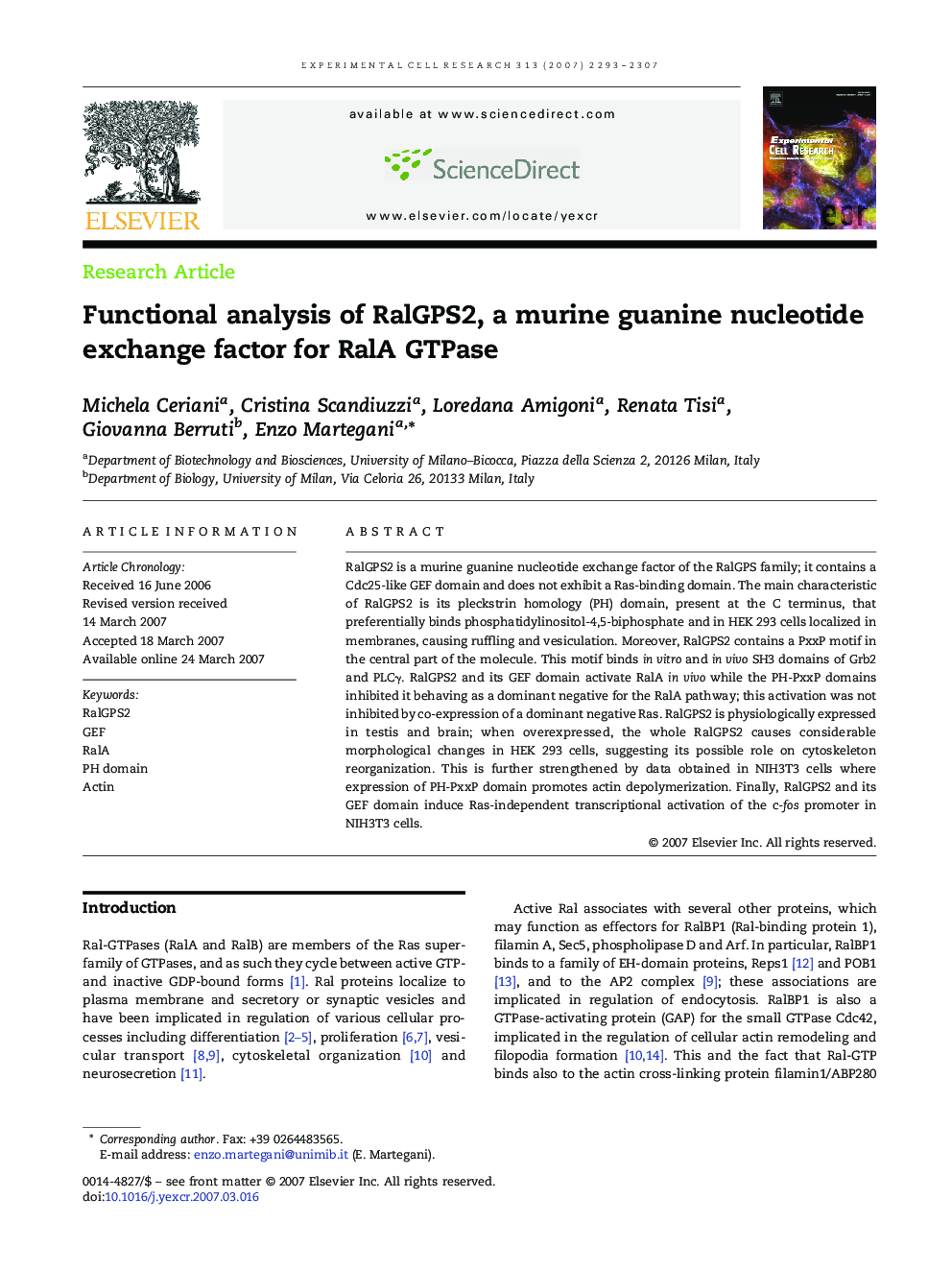 Functional analysis of RalGPS2, a murine guanine nucleotide exchange factor for RalA GTPase