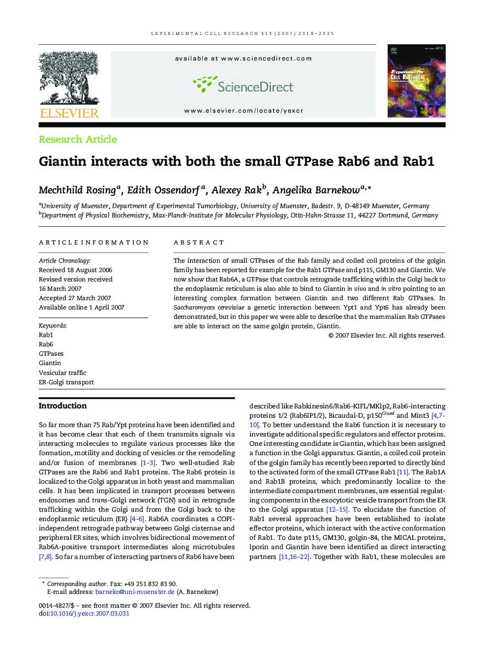 Giantin interacts with both the small GTPase Rab6 and Rab1