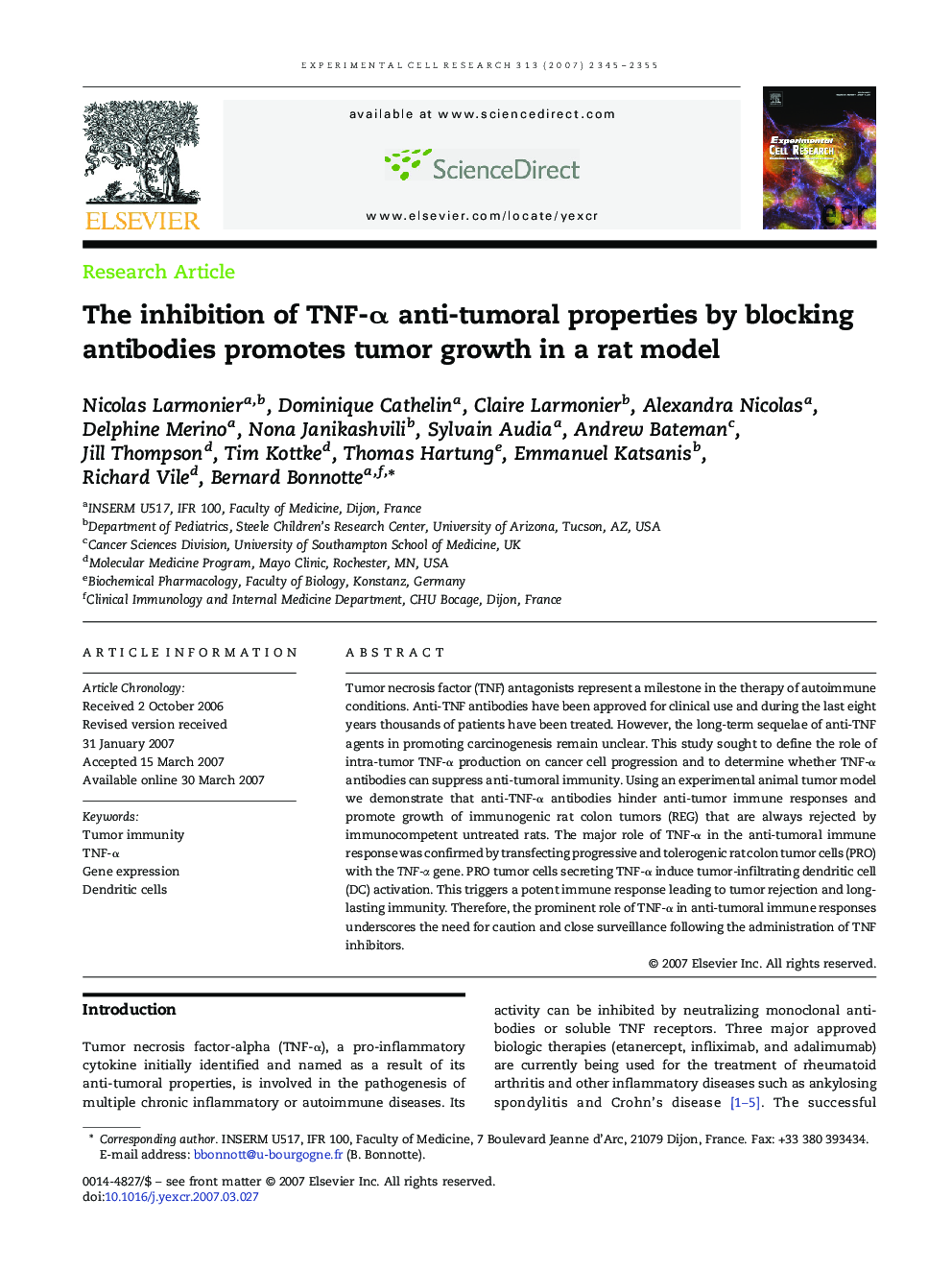 The inhibition of TNF-α anti-tumoral properties by blocking antibodies promotes tumor growth in a rat model