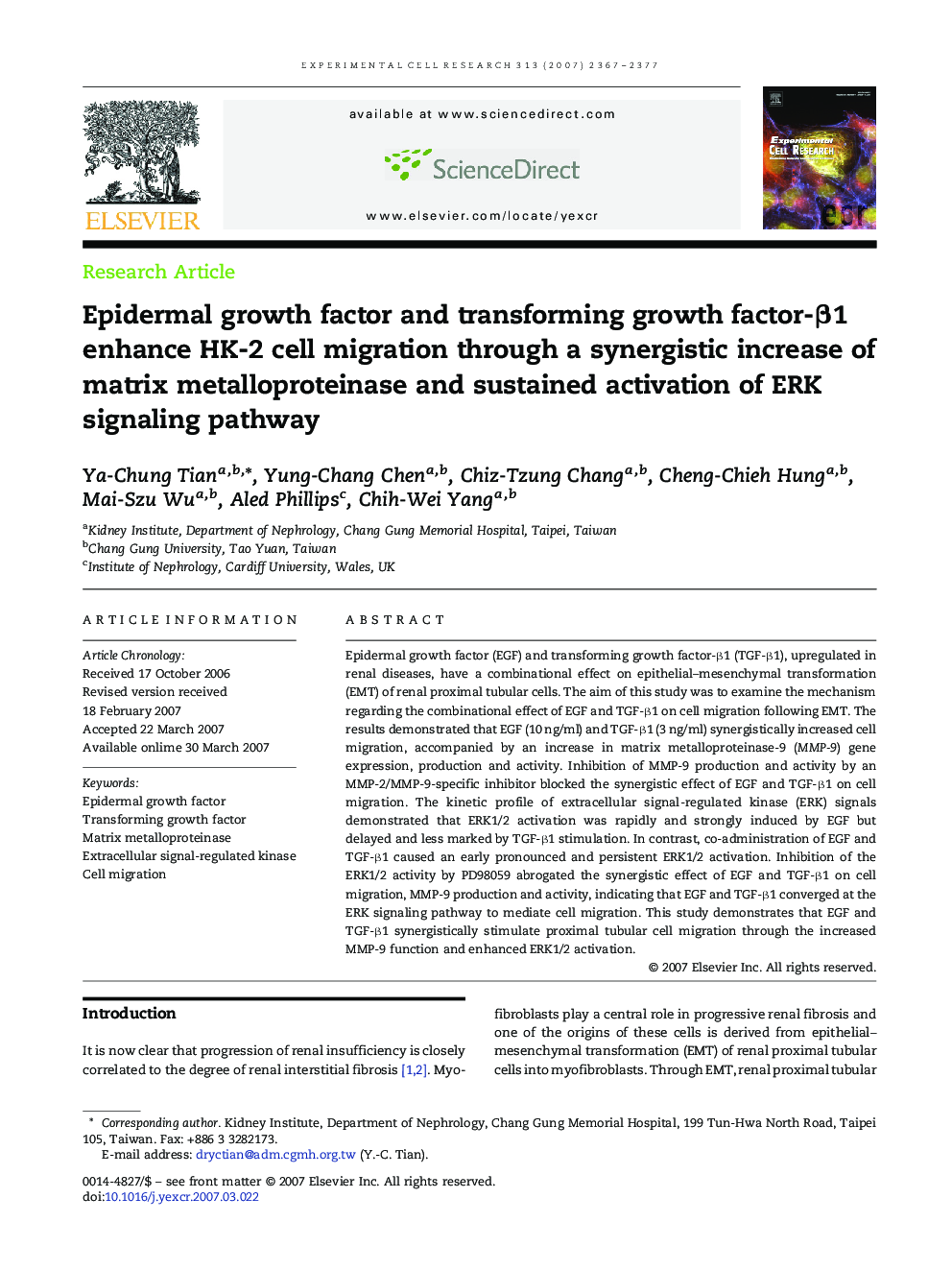 Epidermal growth factor and transforming growth factor-β1 enhance HK-2 cell migration through a synergistic increase of matrix metalloproteinase and sustained activation of ERK signaling pathway