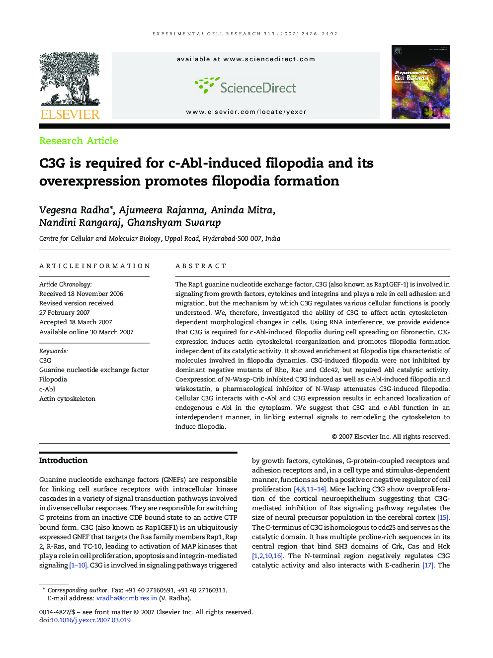 C3G is required for c-Abl-induced filopodia and its overexpression promotes filopodia formation