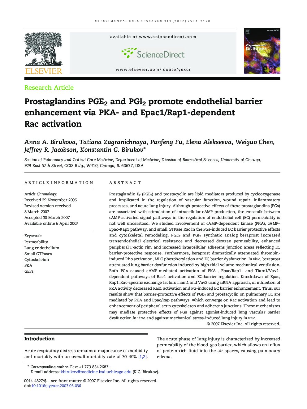 Prostaglandins PGE2 and PGI2 promote endothelial barrier enhancement via PKA- and Epac1/Rap1-dependent Rac activation
