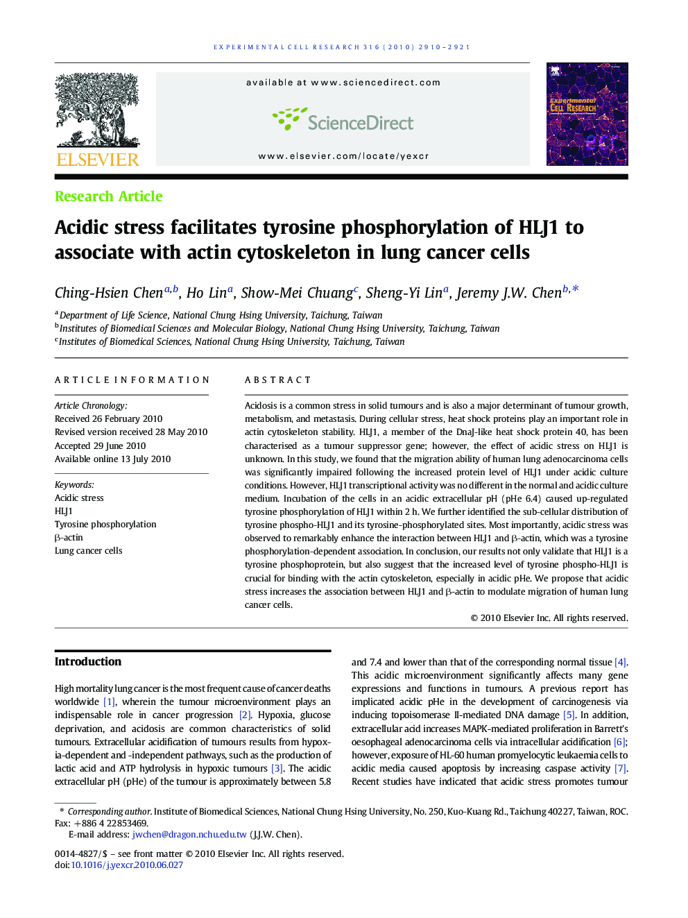 Acidic stress facilitates tyrosine phosphorylation of HLJ1 to associate with actin cytoskeleton in lung cancer cells