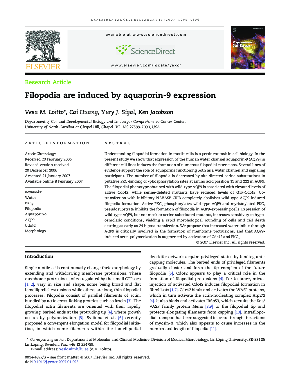 Filopodia are induced by aquaporin-9 expression