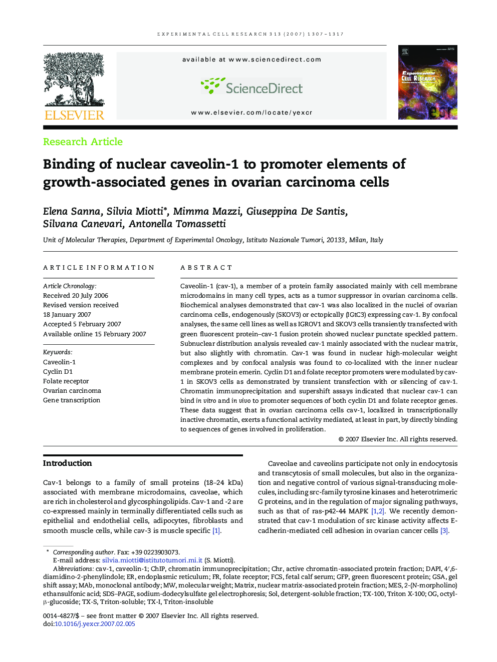 Binding of nuclear caveolin-1 to promoter elements of growth-associated genes in ovarian carcinoma cells