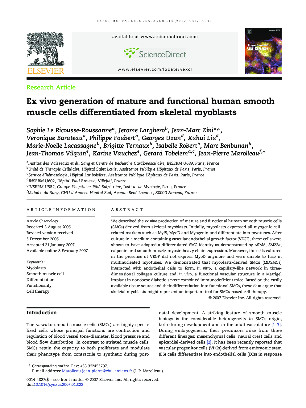 Ex vivo generation of mature and functional human smooth muscle cells differentiated from skeletal myoblasts