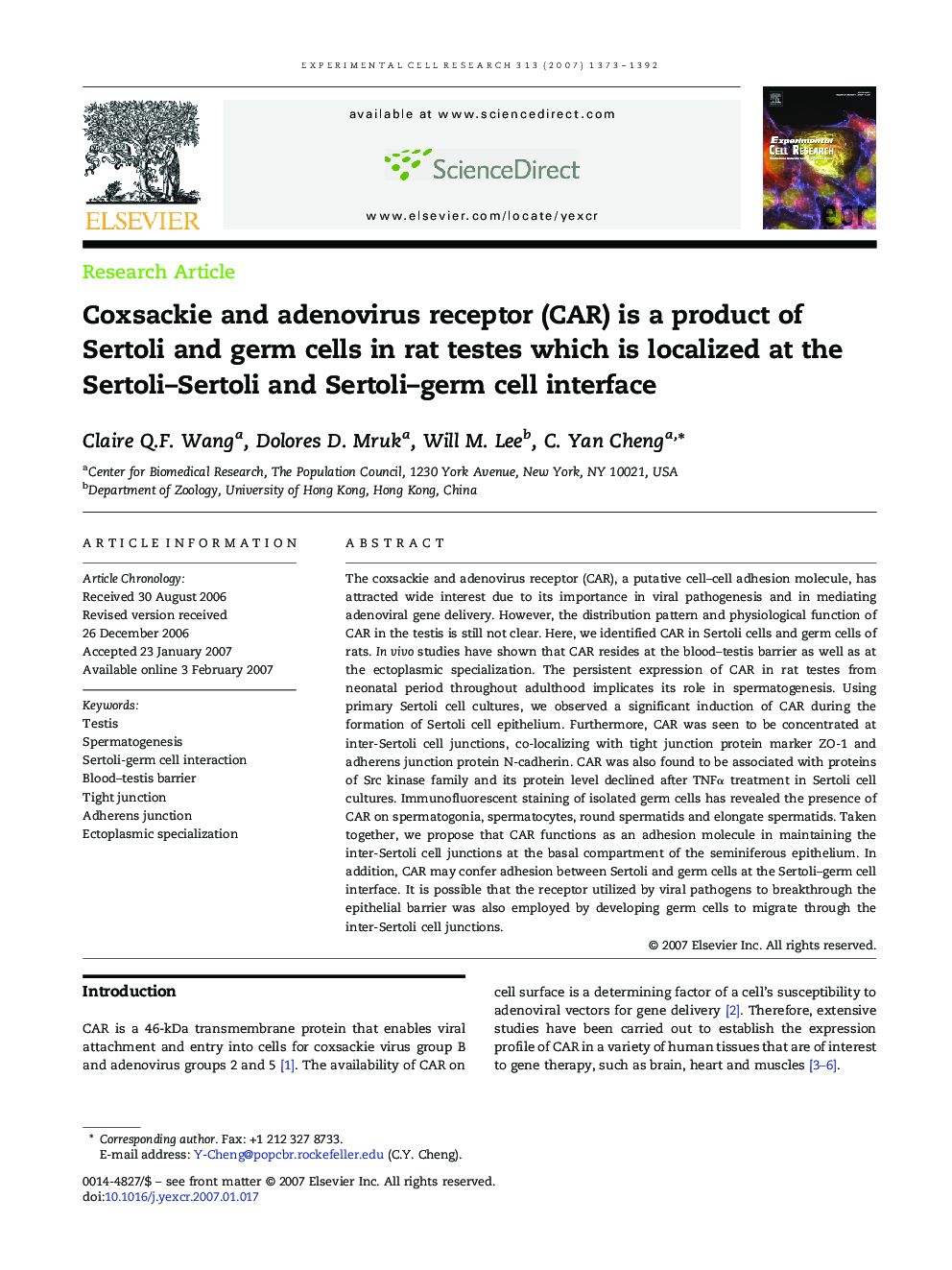 Coxsackie and adenovirus receptor (CAR) is a product of Sertoli and germ cells in rat testes which is localized at the Sertoli–Sertoli and Sertoli–germ cell interface