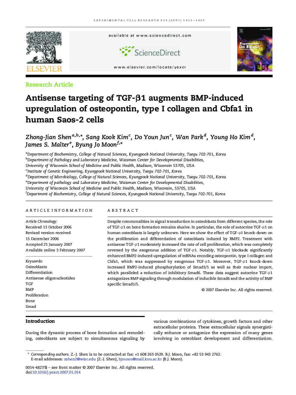 Antisense targeting of TGF-β1 augments BMP-induced upregulation of osteopontin, type I collagen and Cbfa1 in human Saos-2 cells