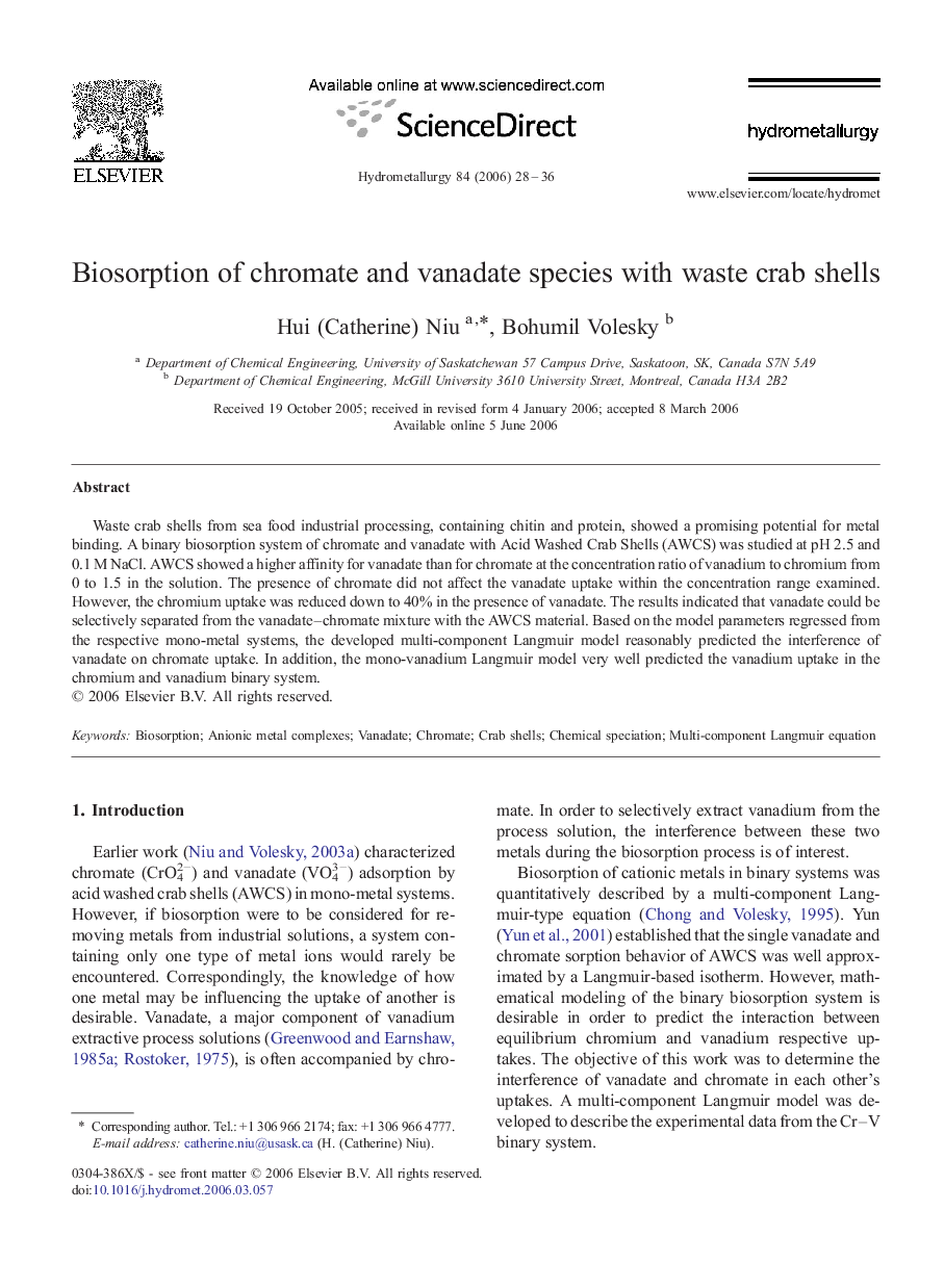 Biosorption of chromate and vanadate species with waste crab shells