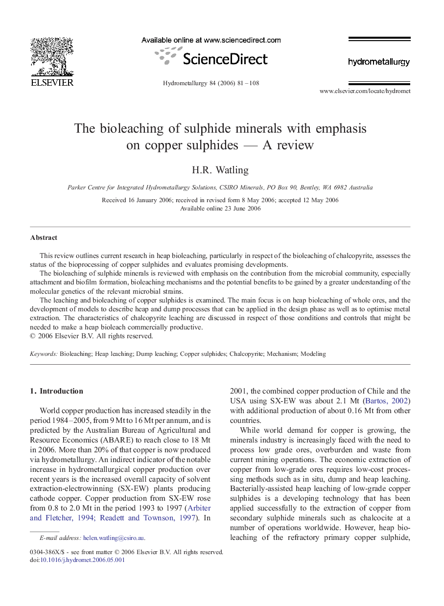 The bioleaching of sulphide minerals with emphasis on copper sulphides — A review