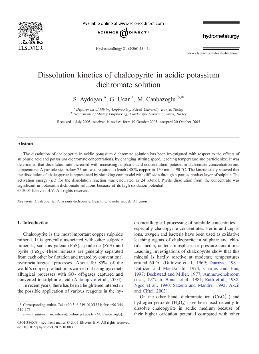 Dissolution kinetics of chalcopyrite in acidic potassium dichromate solution