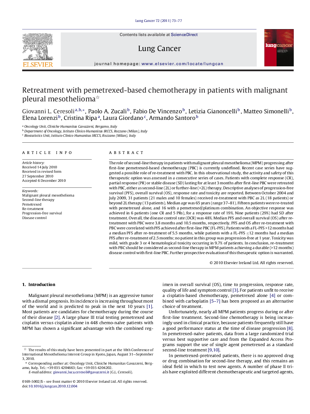 Retreatment with pemetrexed-based chemotherapy in patients with malignant pleural mesothelioma 