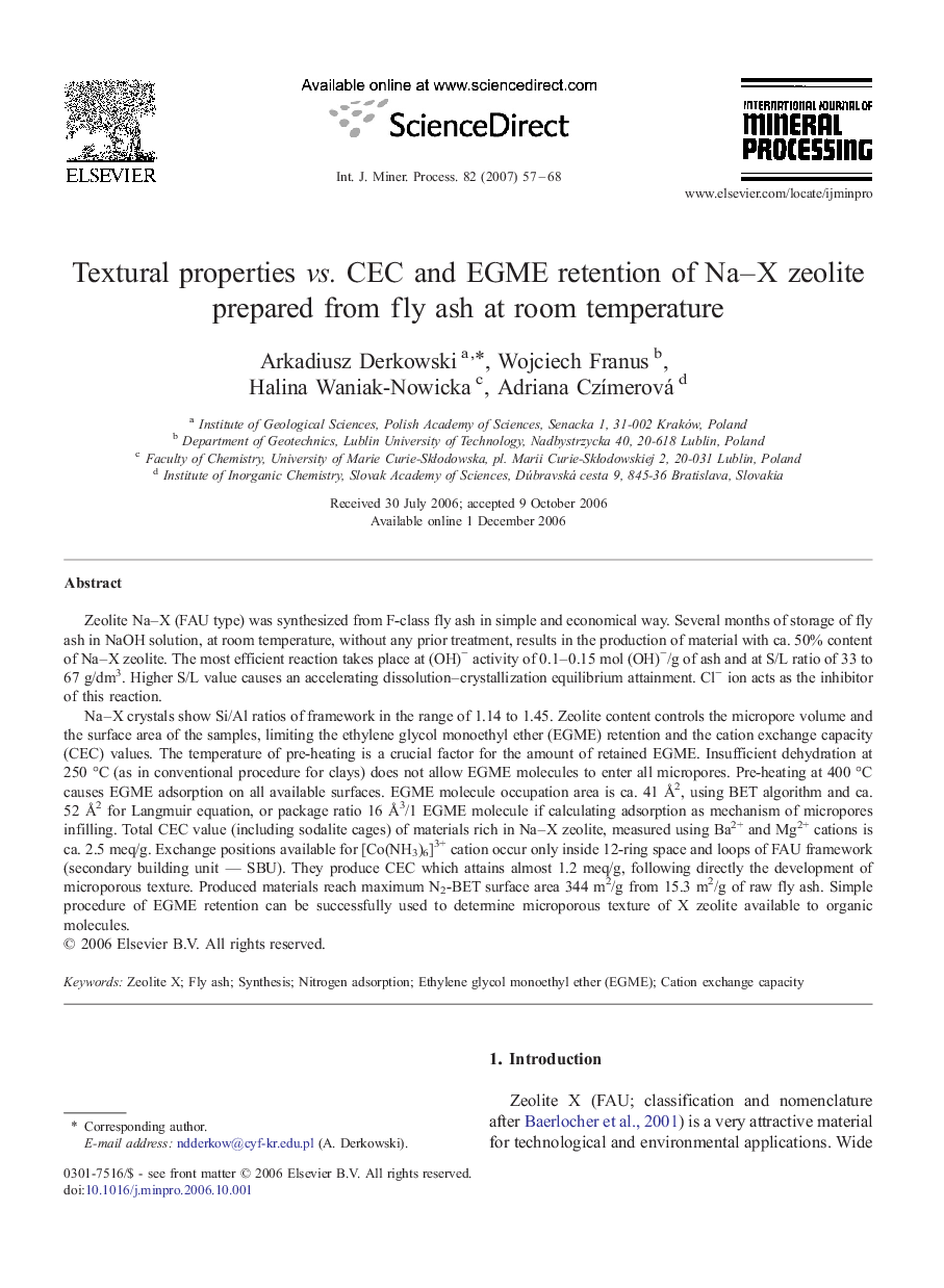 Textural properties vs. CEC and EGME retention of Na–X zeolite prepared from fly ash at room temperature