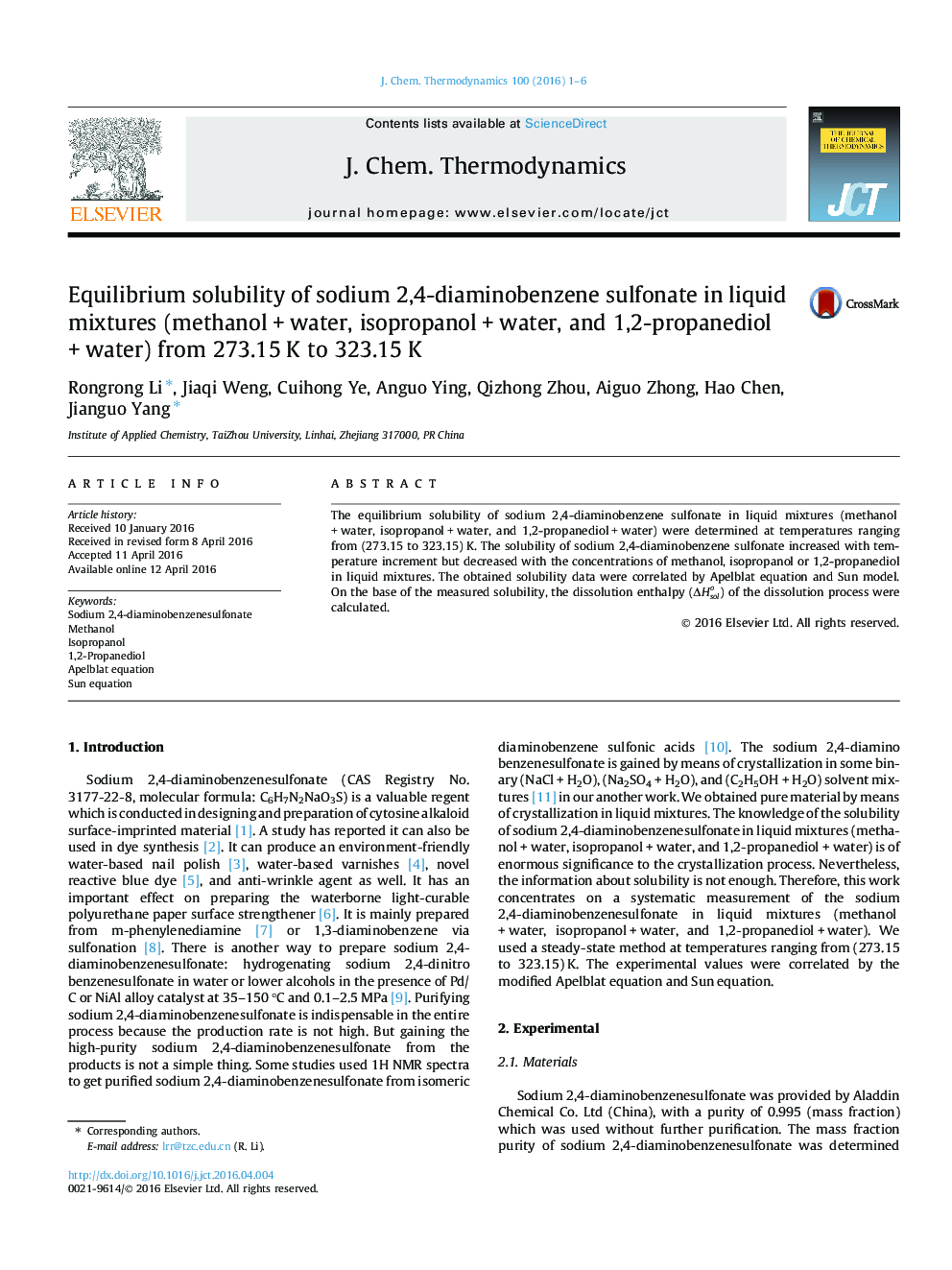 Equilibrium solubility of sodium 2,4-diaminobenzene sulfonate in liquid mixtures (methanol + water, isopropanol + water, and 1,2-propanediol + water) from 273.15 K to 323.15 K