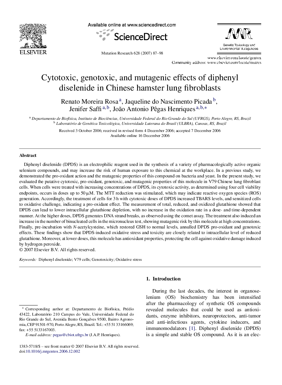 Cytotoxic, genotoxic, and mutagenic effects of diphenyl diselenide in Chinese hamster lung fibroblasts