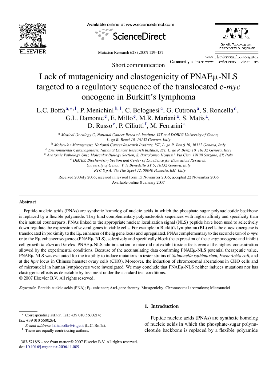 Lack of mutagenicity and clastogenicity of PNAEμ-NLS targeted to a regulatory sequence of the translocated c-myc oncogene in Burkitt's lymphoma