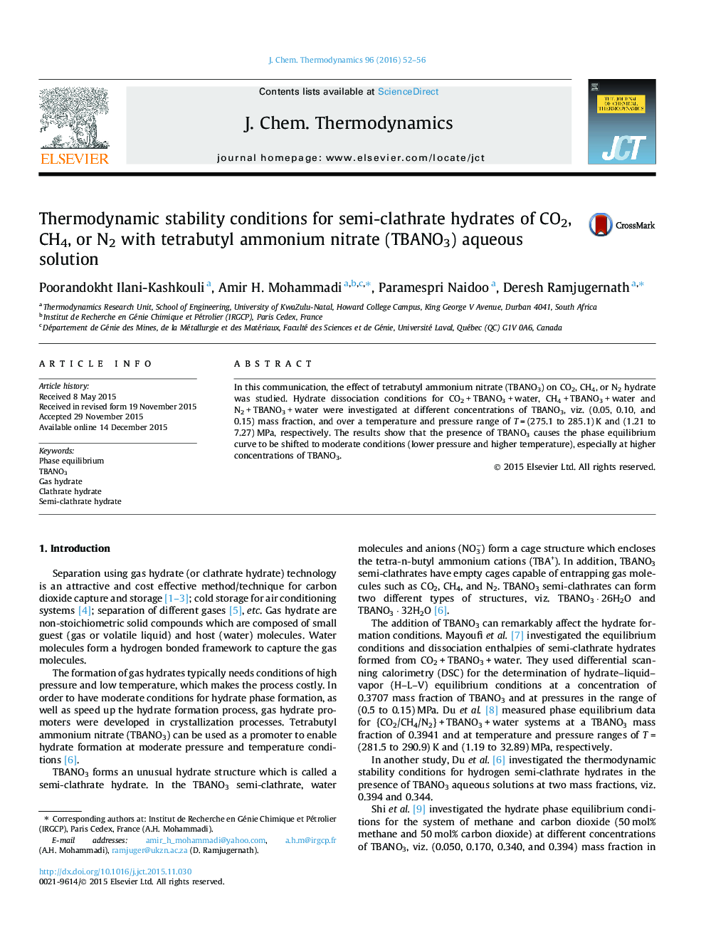 شرایط ثبات ترمودینامیکی برای هیدرات های نیمه clathrate از CO2، CH4، یا N2 با محلول آبی نیترات تترا متیل آمونیوم (NANO3) 