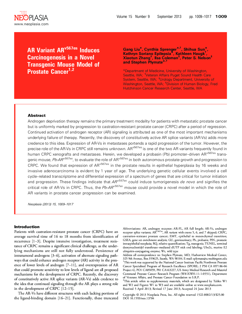 AR Variant ARv567es Induces Carcinogenesis in a Novel Transgenic Mouse Model of Prostate Cancer